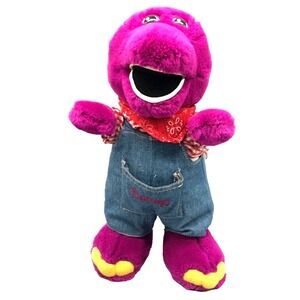 Vintage Barney Plush Stuffed Animal Toy Denim Bibs Overalls Cowboy Western 12"